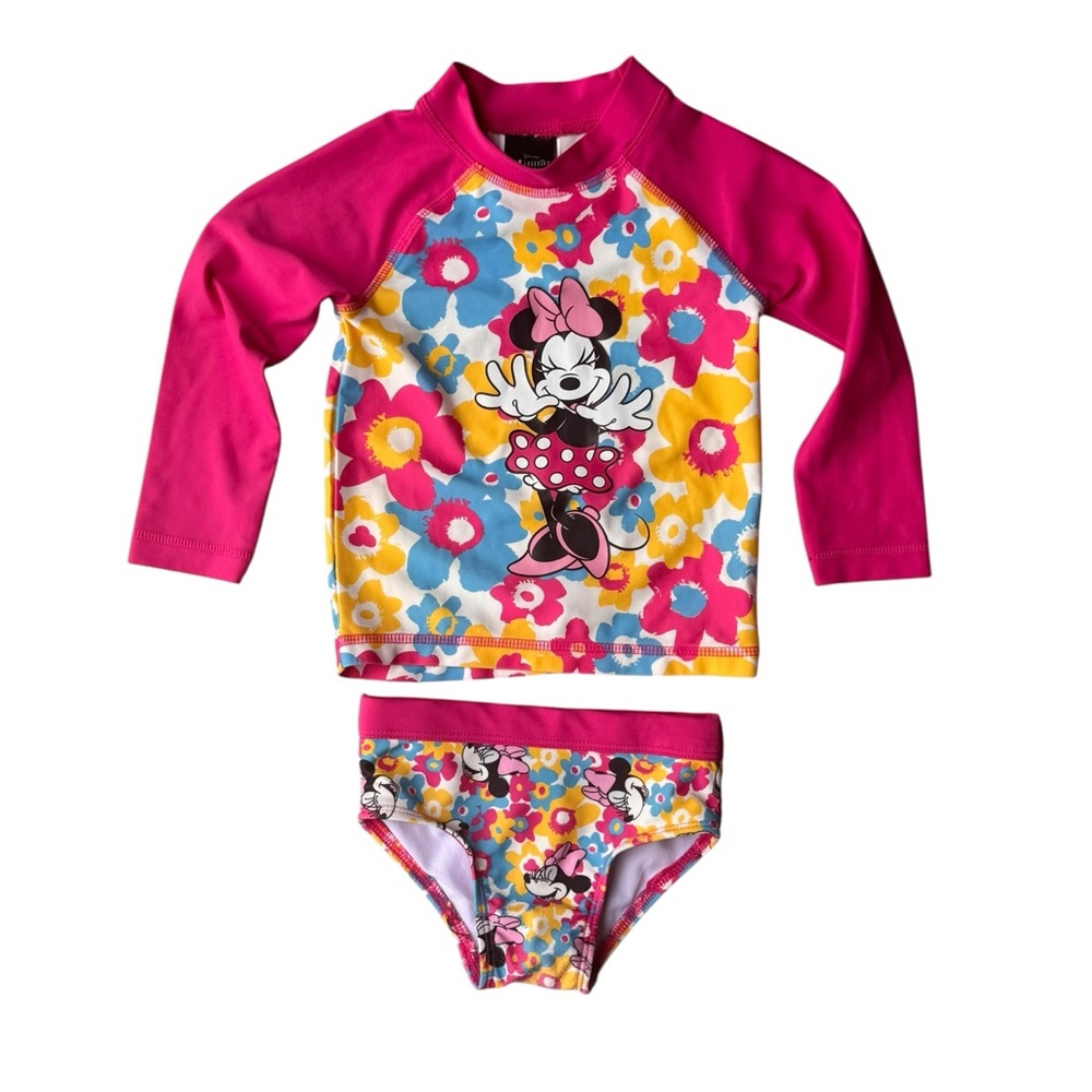 3pc Set Disney Pink Floral Minnie Mouse Rash Guard Bikini Swim Set size 2